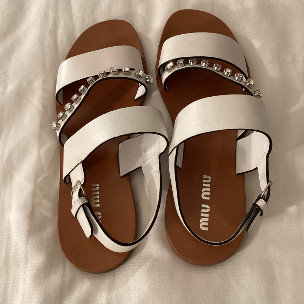 Miu Miu White Leather Crystal Embellished Strappy Sandals